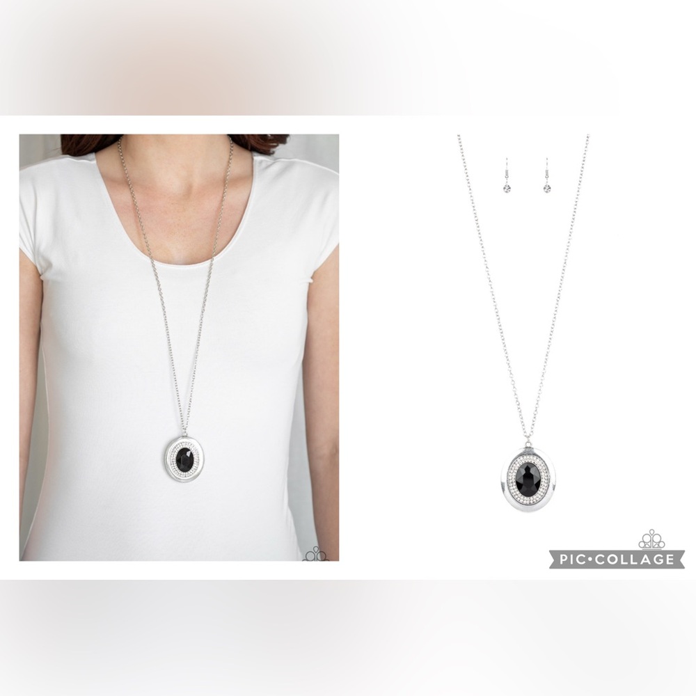 Paparazzi Castle Couture Black Gem w/Rhinestones Necklace/Earring Set